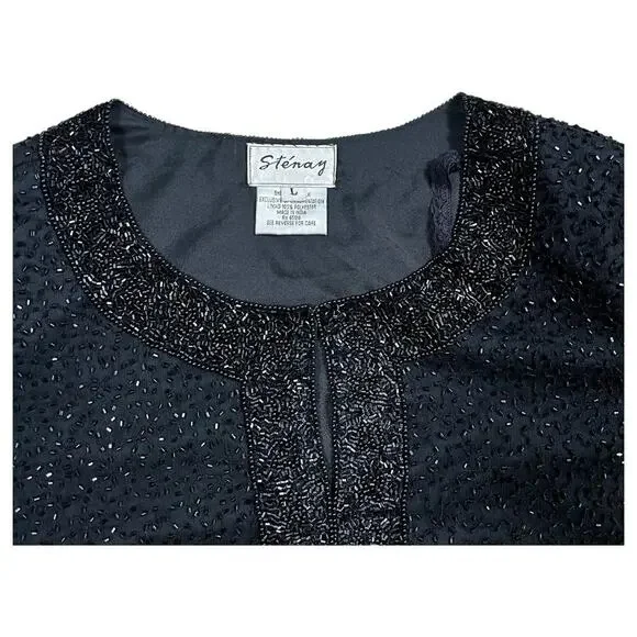 Stenay Black Beaded Formal Short Sleeve Silk Jacket Blouse Size Large - Picture 2 of 8